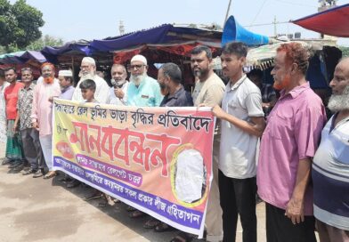সান্তাহারে রেলওয়ে ভুমির ভাড়া বৃদ্ধির প্রতিবাদে মানববন্ধন অনুষ্ঠিত